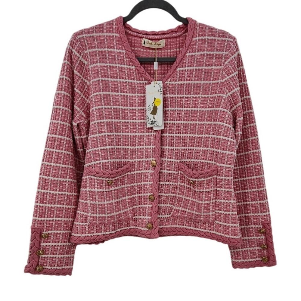 New NWT Belle Pogue Pink White Knit‎ Cardigan Sweater Size Large